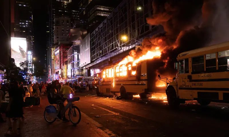 FIFA World Cup bus set alight as chaotic celebrations erupt in NYC's Manhattan after Knicks win